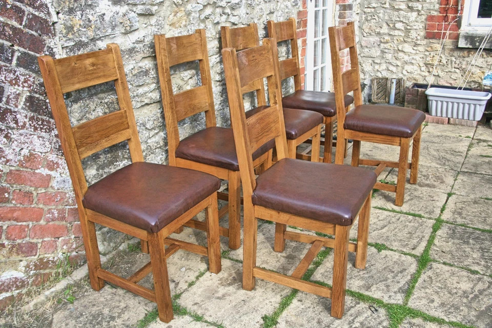 6 Excellent Rustic French Solid Oak Ladder Back Leather Seat Farmhouse Chairs - Image 3 of 4