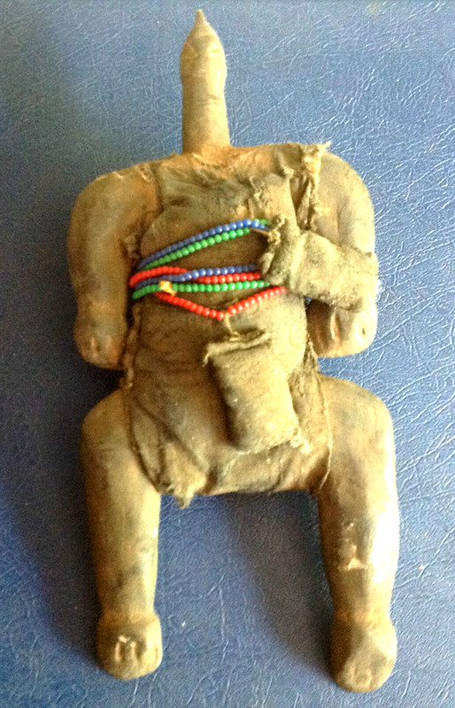 AFRICAN CAMEROON NAMJI DOLL ANTIQUE HAND CARVED WOOD FIGURE. 10 1/2'' TALL.