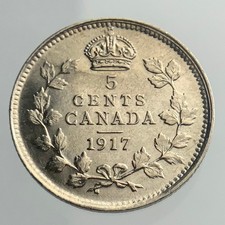 1917 Canada Small Five Cents Uncirculated King George 5 Silver Coin NGS003