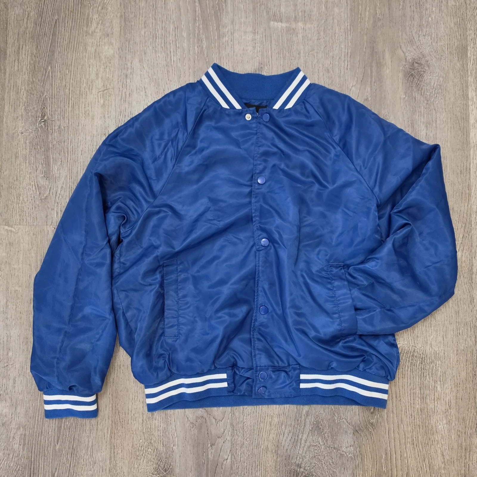 Carbon Men’s Blue White Varsity Jacket Snap Front Striped Collar/Cuffs Small - product detail image 2