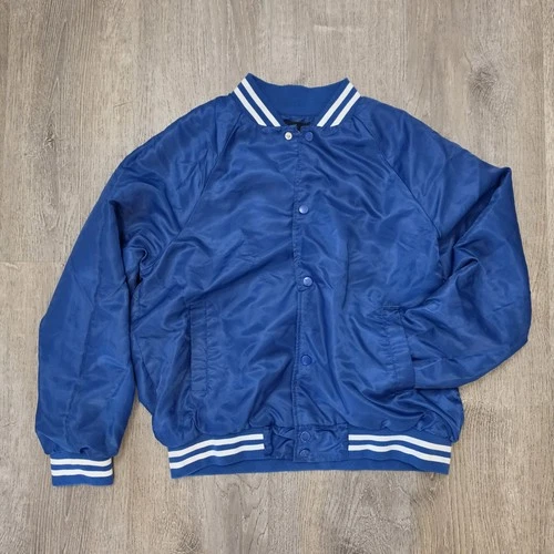 Carbon Men’s Blue White Varsity Jacket Snap Front Striped Collar/Cuffs Small image 2