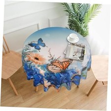 Floral Tablecloth Round 60 Inch Butterfly Flower Butterfly Spring Blue Flowers