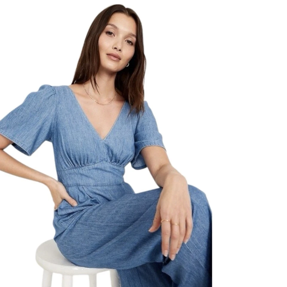 Mono Azul Marino Antiguo • Denim Definido Cintura Manga Abullonada Pierna Ancha Talla Mediana Foto 3 de 4