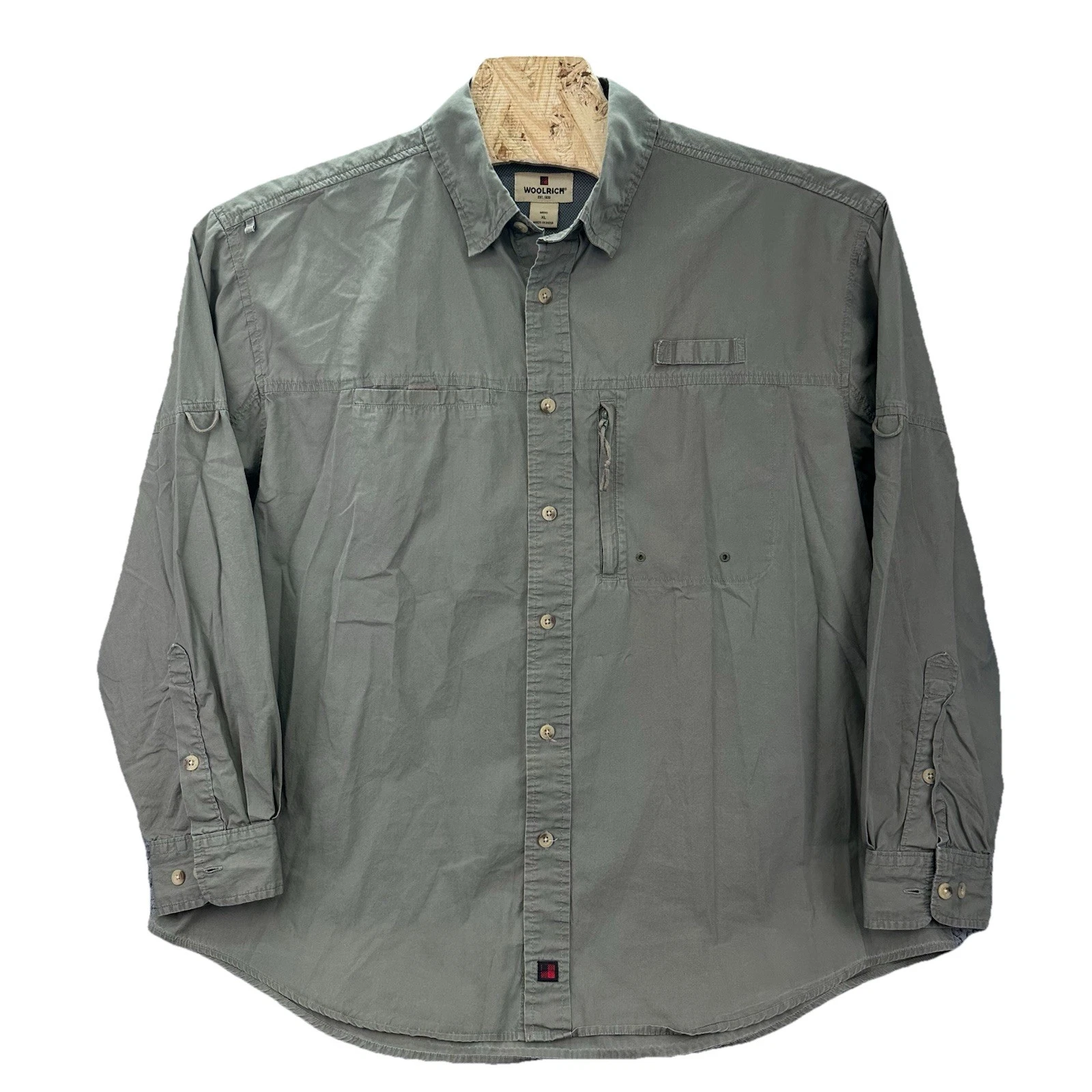Woolrich Button Down Shirt Fishing Cargo Mens Size XL Olive Green Pockets Hiking