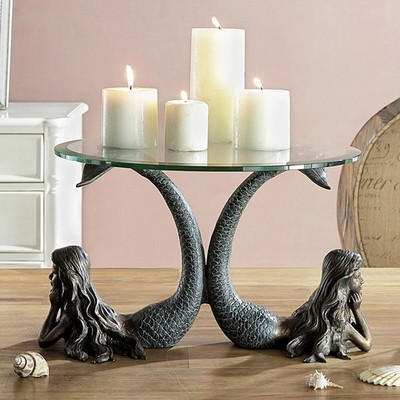 Mermaid Duet Table Server Candle Holder Aluminum Glass Coastal Nautical Decor