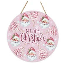 Merry Christmas Pink Santa Claus Front Door Sign, Xmas Tree Snowflake Wood 