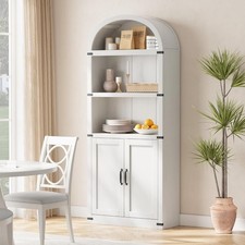 72'' Tall Arched Bookcase with Wooden Doors 5 Tier Display Bookshelf Storage