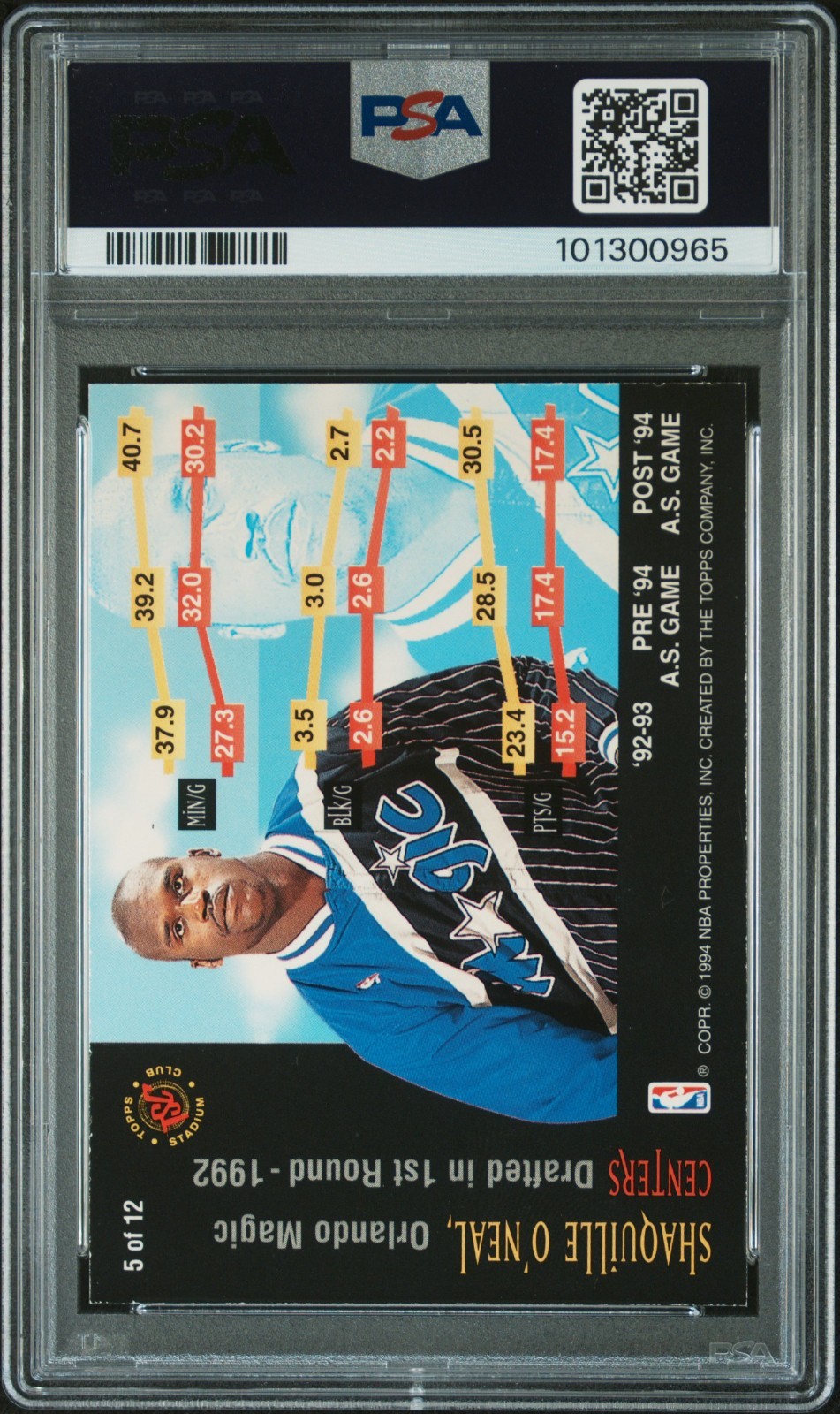 1994 Stadium Club Rising Stars MEMBERS ONLY Shaquille O'Neal PSA 7 NM - 2 Higher view 2