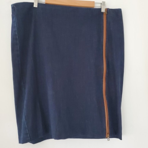 LAUREN RALPH LAUREN 18W Dk Blue Denim Skirt Front/Side Zip Leather Accent Preppy - Picture 10 of 11