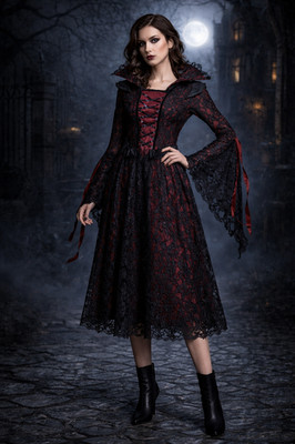 Gothic Vampire Corset-Style Bodice Dress Medium Black Lace Victorian Witch NWOT