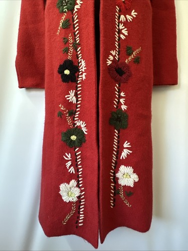 Red Floral Embroidered Wool Cardigan w/ Real Fur Collar By Michael S/M - Picture 4 of 14