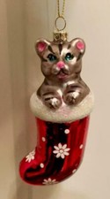 BLOWN GLASS CAT KITTEN IN RED CHRISTMAS STOCKING ORNAMENT NWT