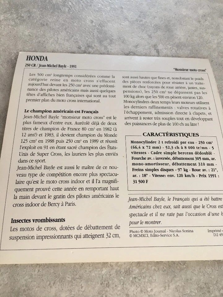 Honda 250 Cr 1991 Jean-Michel Bayle CR250 Tarjeta Moto Colección Atlas Japón - Imagen 2 de 2