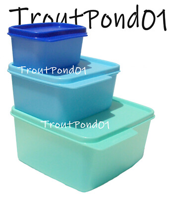 Tupperware Keep Tabs Stacking Square Storage Containers Cool Mint Aqua Blue