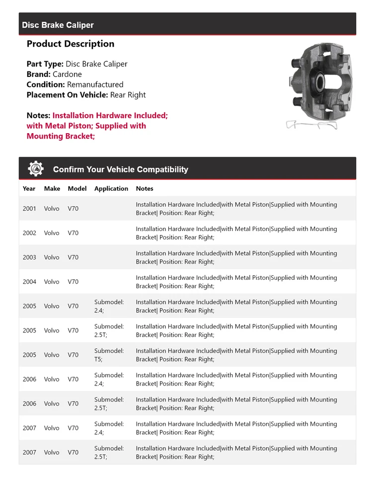 Pinza de freno de disco trasera derecha Cardone 2002 2003 2004 para Volvo V70 2001-2007 Foto 2 de 4