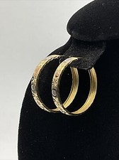 BEAUTIFUL Solid 14K Tricolor Gold Diamond Cut HOOP Earrings 32mm x 4.5mm 3.5gr