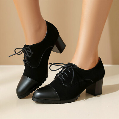 British style Women's Block Heel Lace Up Loafers Colorblock Vintage Oxford  Shoes