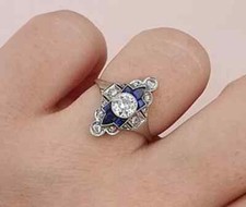Art Deco Style 2Ct Lab Created Diamond Sapphire Engagement Sterling Silver Ring