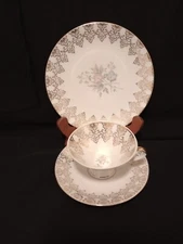 Vintage Gold Floral 3 Piece Tea Cup Saucer Dessert Plate Trio 