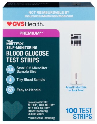 100ct CVS Blood Glucose Test Strips Premium True Metrix, 100 Count Exp 02/2026