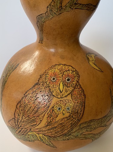 Owl Painting On Gourd Rattle Carved And Painted Folk Art 11 1/2” - Picture 4 of 11