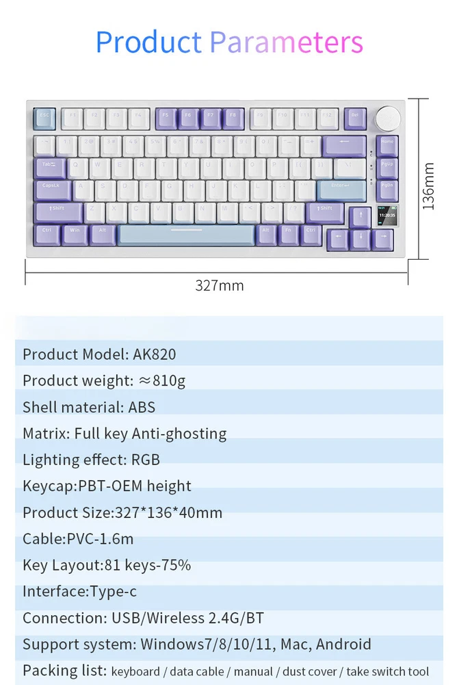 Mechanical Gaming Keyboard with TFT Screen, Knob, Wired/2.4GHz/BT Connectivity for PC