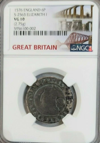 1576 ENGLAND SILVER 6 PENCE S-2563 ELIZABETH I NGC VG 10 RARE BEAUTIFUL COIN