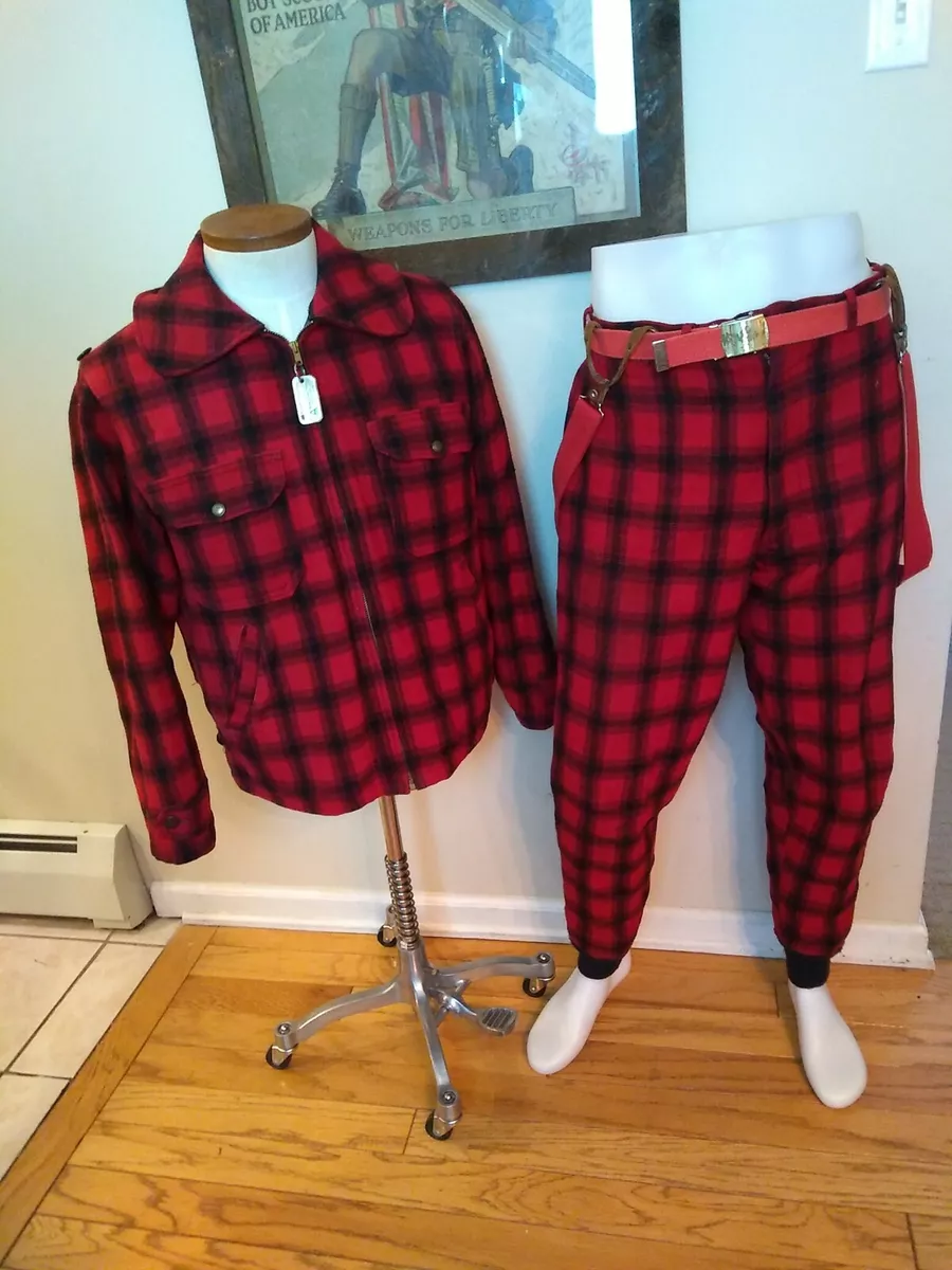 Vintage Woolrich Hunting Jacket Pant Set Red Plaid Suspenders Late 50s