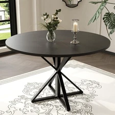 Round Dining Table, 47" Wood Kitchen Table, Dinner Table for 4-6 ,w/Metal Base