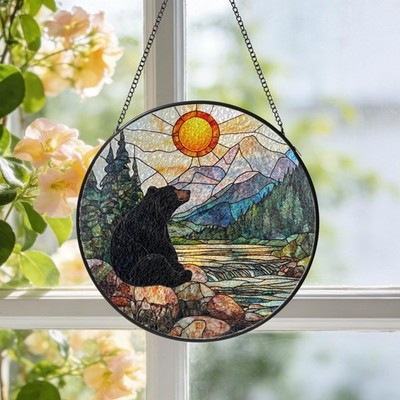 Black Bear Stained Glass, Sunset Suncatcher, Landscape Window Hanging Decor