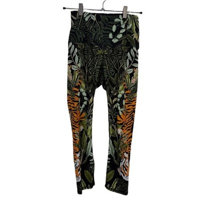 Yoga Democracy Leggings Womens XS Black Green Tiger Jungle Botanical Print Capri