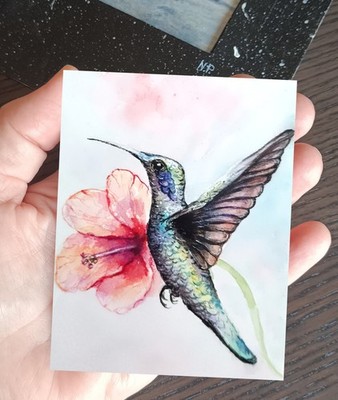 Original Colibri ACEO Flowers collectable floral bird miniature painting signed