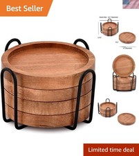 Elegant Acacia Wood Round Coasters Set of 4 with Iron Holder for Tabletop Care