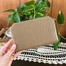 Vintage Faux Snakeskin Box Clutch Bag Taupe Brown Gold Tone Evening Purse