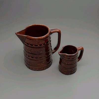 Set Of (2) Marcrest Daisy Dot Brown Pitcher Jug Stoneware Ovenproof USA Vintage