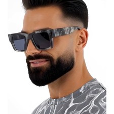 Grey Marble Square Sunglasses Flat Top Chunky Frame Mens Womens Grey Swirl Shade