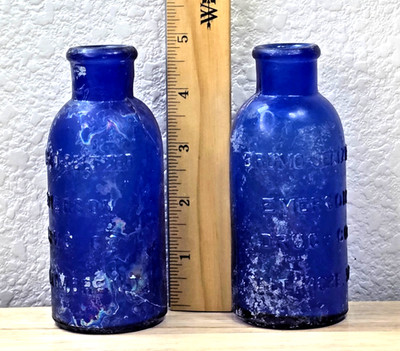 Lot 2 Cobalt Blue Bromo Seltzer Bottles Emerson Drug Co Baltimore MD Early 1900s