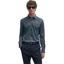 Image of Hugo Boss Mens Roan Kent Oxford Long-Sleeved Button-Down ShiL Dark Blue  GT33343