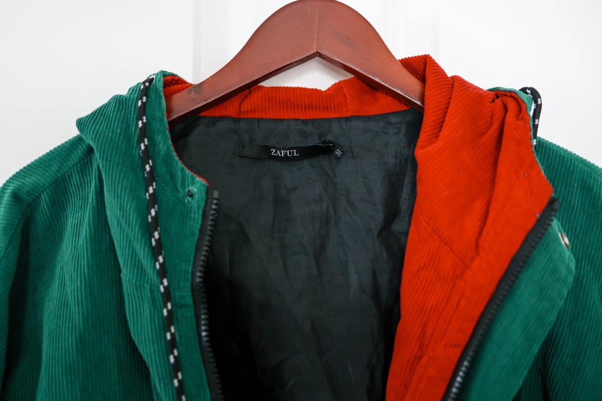 Zaful Colorblock Corduroy Hooded Jacket Green Tan Rust Casual Streetwear unisex View 3