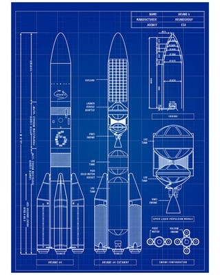 Ariane 6 Rocket Blueprint Poster - ESA Space Launch Vehicle Vertical Design