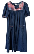 Go Softly Patio Red Plaid Patch Denim Mumu Dress Zip Front Pockets Size  Medium