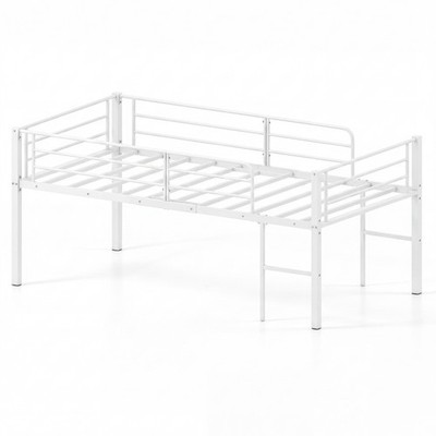 Twin Size Low Loft Bed, Heavy Duty Metal Bed Frame w/Safety Guardrails&2 Ladders