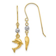 Real 14kt Two Toned Puffed Dolphin Shepherd Hook Earrings