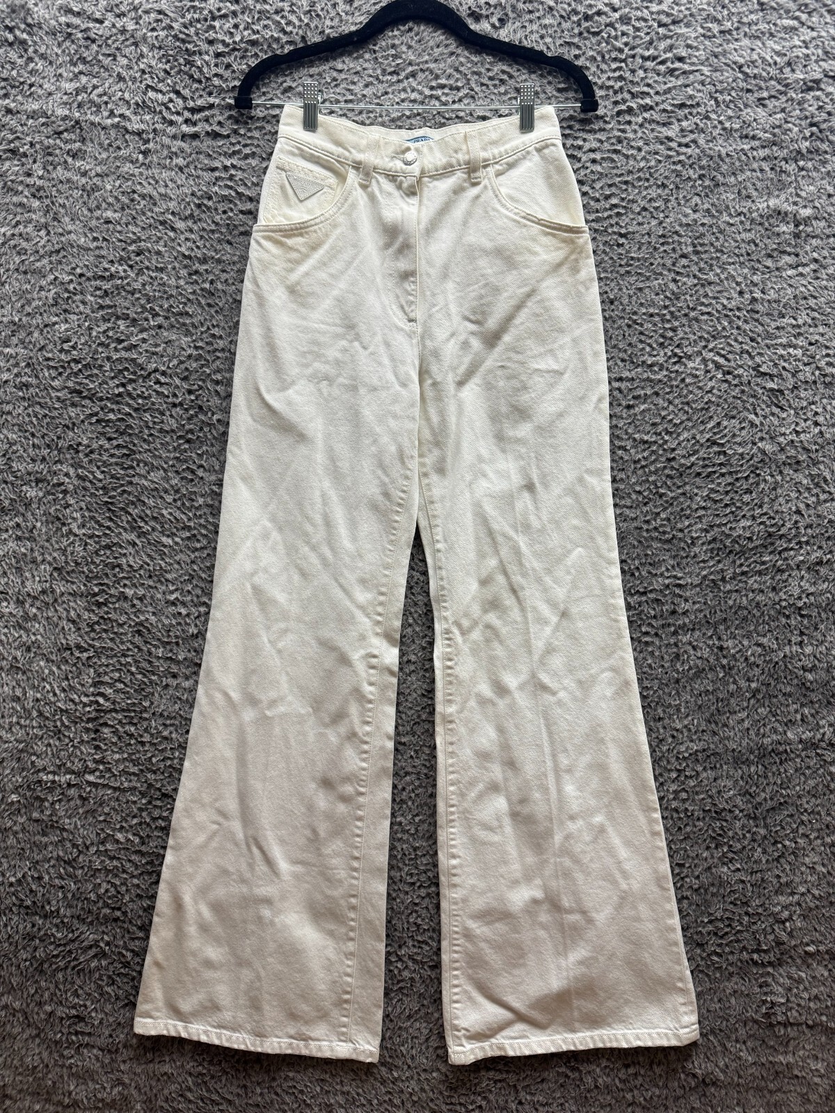 Prada Womens Ivory High Rise Minimalist Classic wide leg flare Fit Jeans Size 25