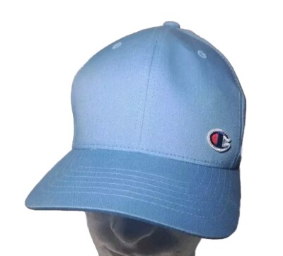 Champion Logo Embroidered FlexFit Baseball Stretch Hat Cap S/M Light Blue