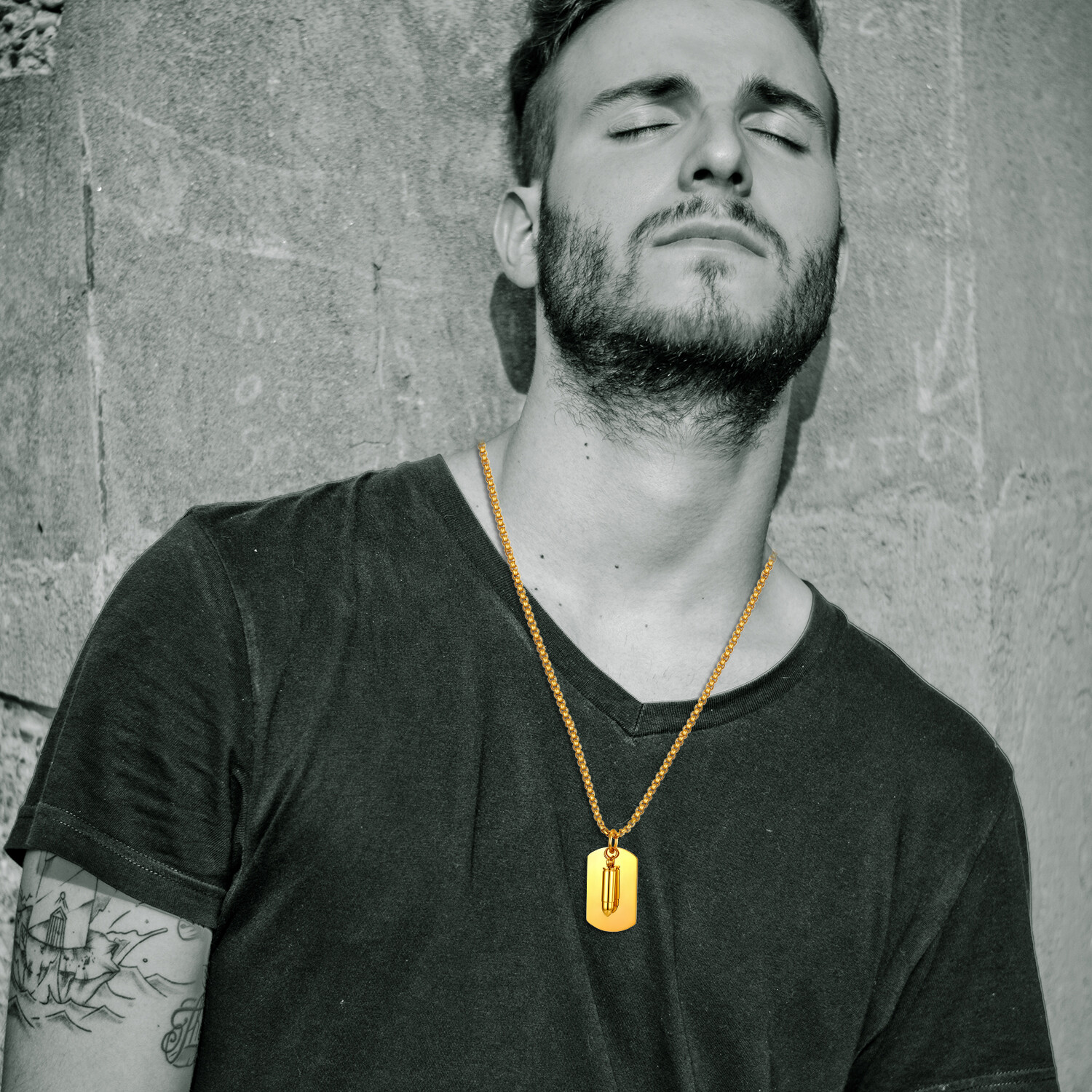 Men Army Military Gold Tone Bullet Dog Tag Pendant Necklace Chain Free Engraving