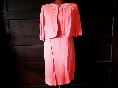 VTG 40s 50s Salmon Pink Art Deco Beaded Cocktail Dress Shrug Bolero 2pc Set Sz L VTG 40s 50s Salmon Pink Art Deco Beaded Cocktail Dress Shrug Bolero 2pc Set Sz L