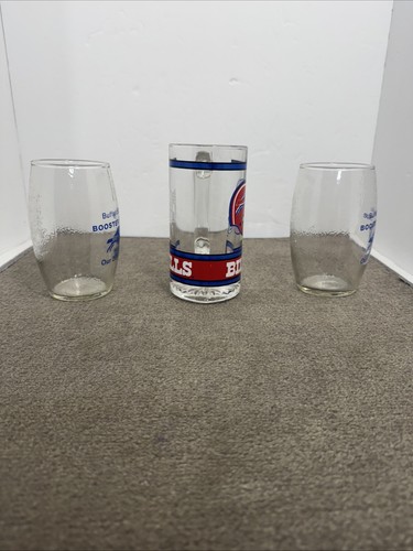 Vintage Buffalo Bills NFL Cave Bar 2 Football Shaped Glasses & 1 Beer Mug Helmet - Picture 2 of 10