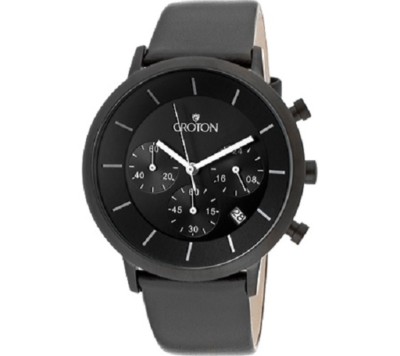 Croton CC311323BKBK Chronomaster Date Black Dial Leather Band Men's Watch 