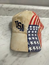 VINTAGE HAT ADJUSTABLE U.S.A. USA AMERICAN FLAG DREW PEARSON BRAND DIRTY WHITE